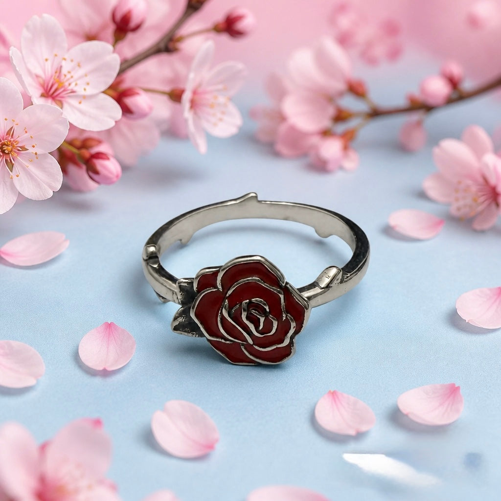 Silver925 red enamel flower ring
