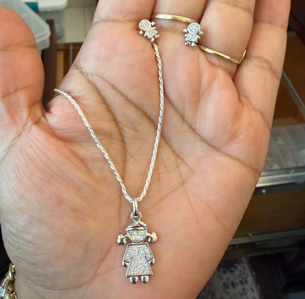 Girl charm necklace and earrings set sterling silver 925