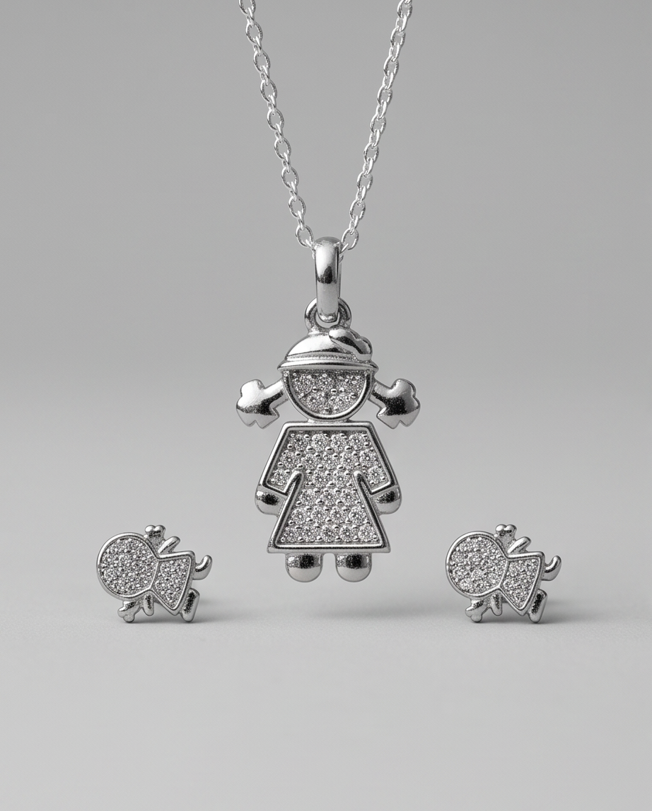Girl charm necklace and earrings set sterling silver 925