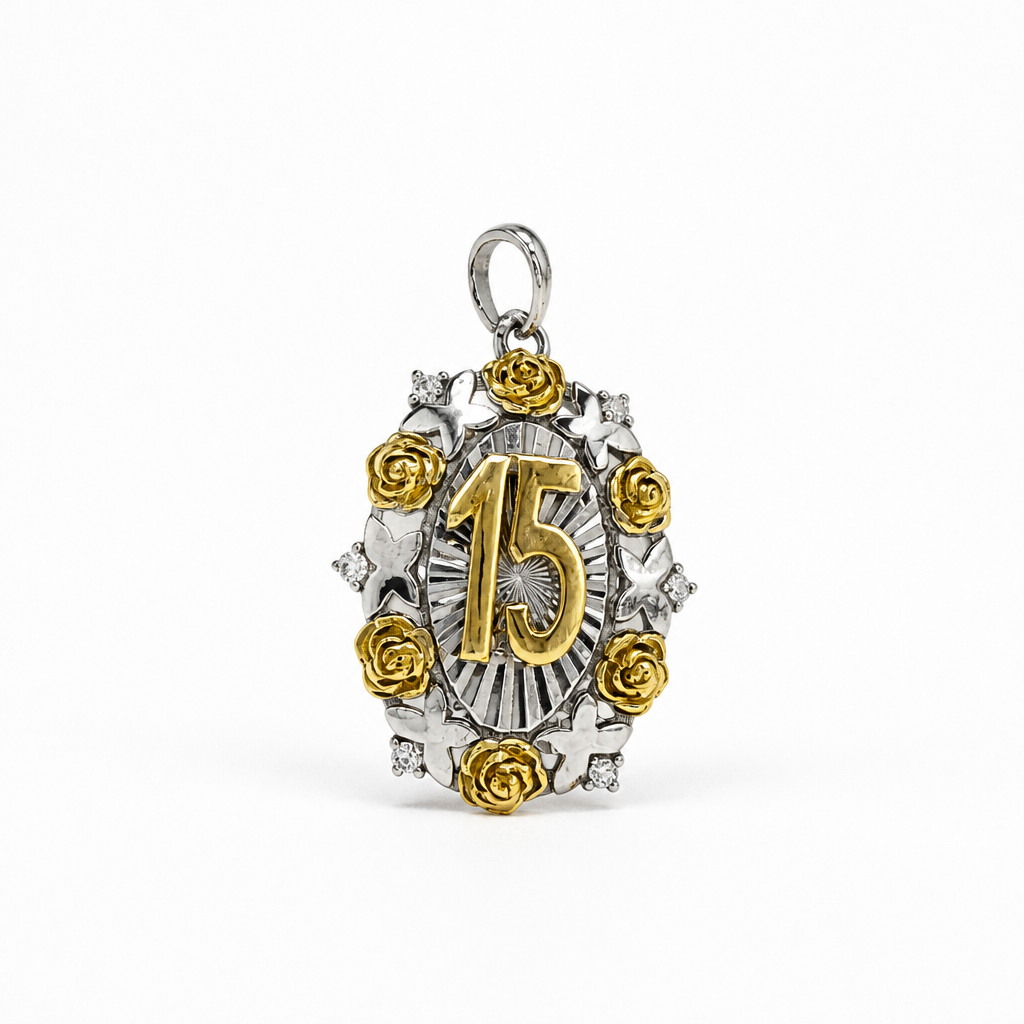 Two tone CZ oval disc quinceañera pendant 925 silver