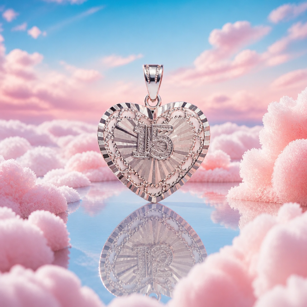 Heart-shaped pendant, Quinceañera 925 Sterling Silver