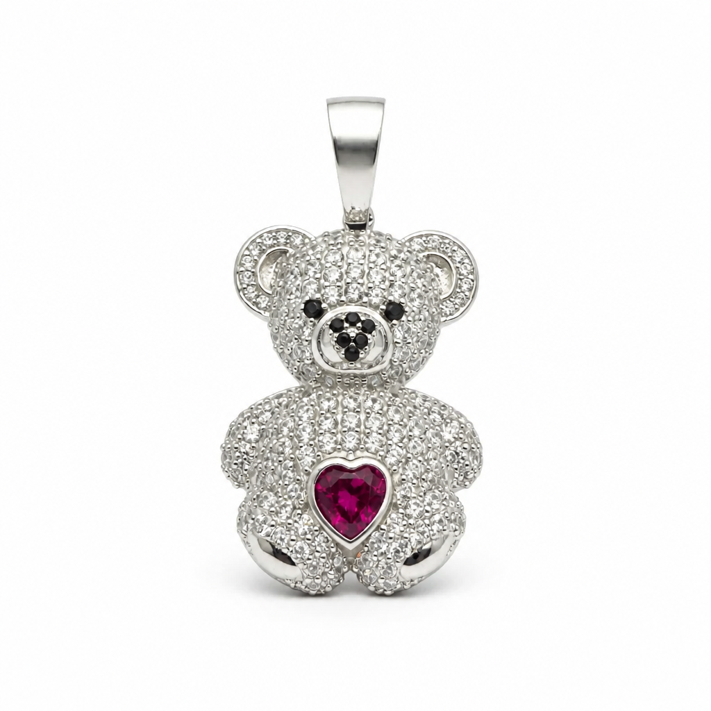 Bear CZ and fucsia heart pendant Sterling Silver 925 (pendant only)