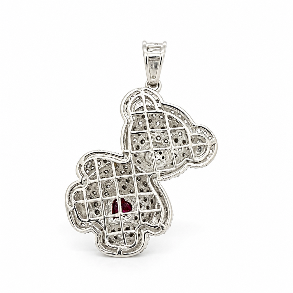 Bear CZ and fucsia heart pendant Sterling Silver 925 (pendant only)