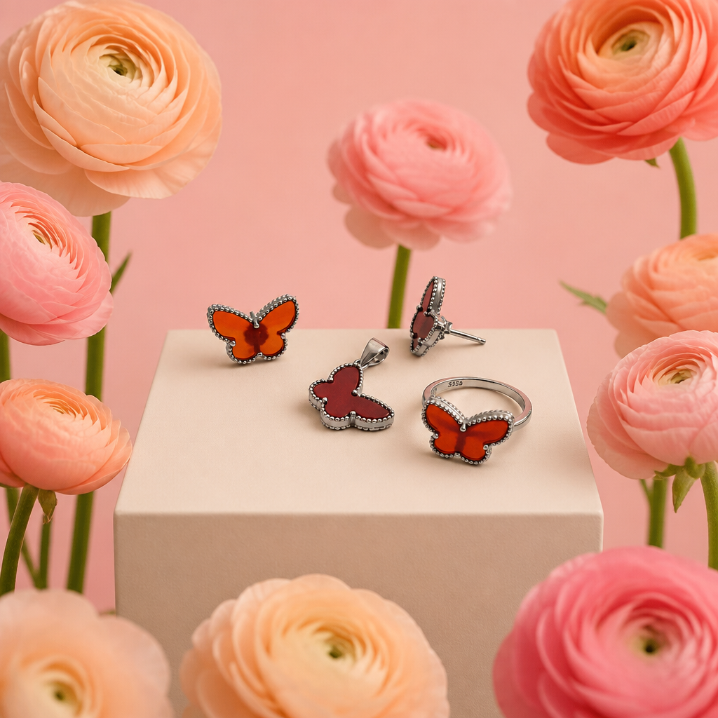 Red Butterfly set sterling silver 925. Ring size 6